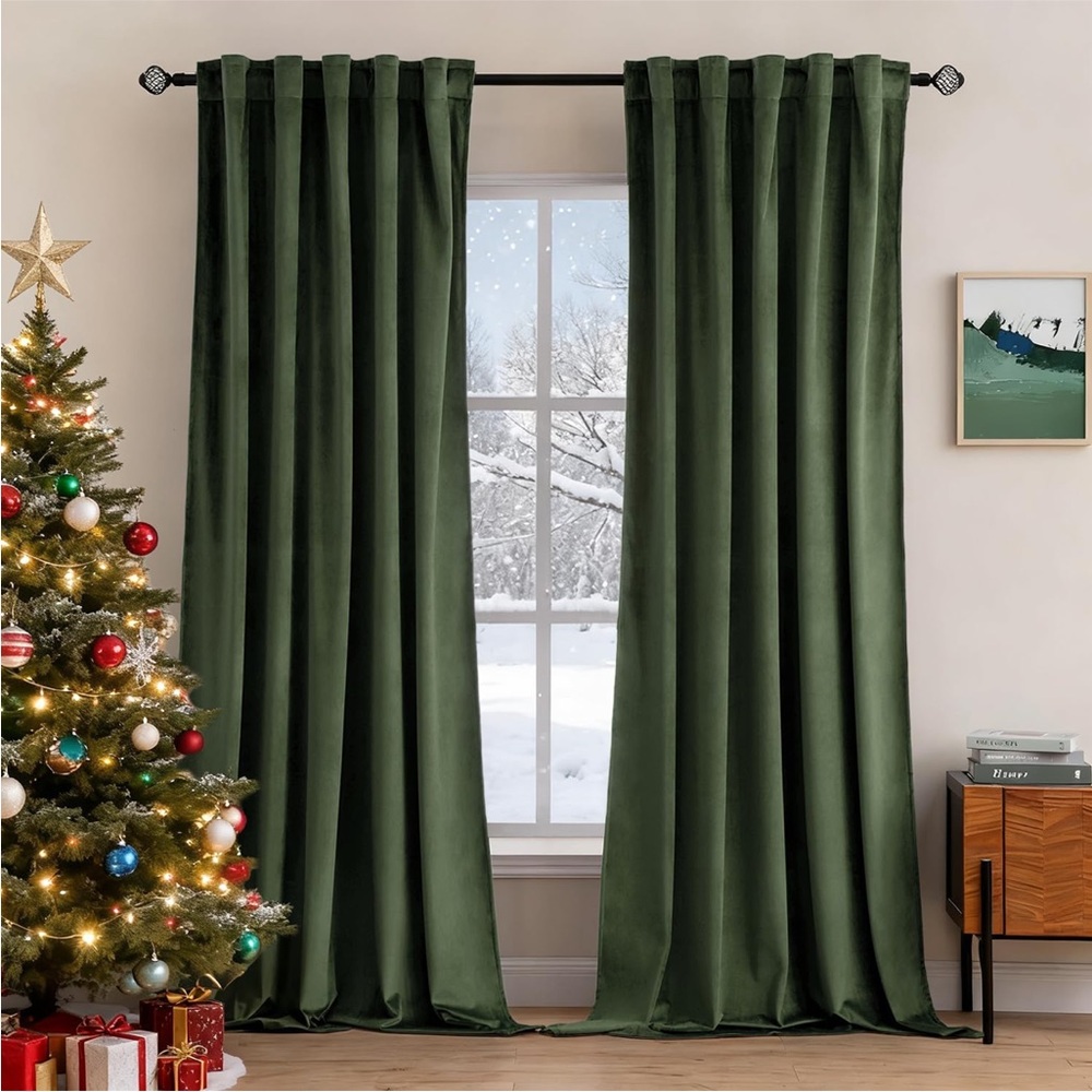Green velvet curtain panel